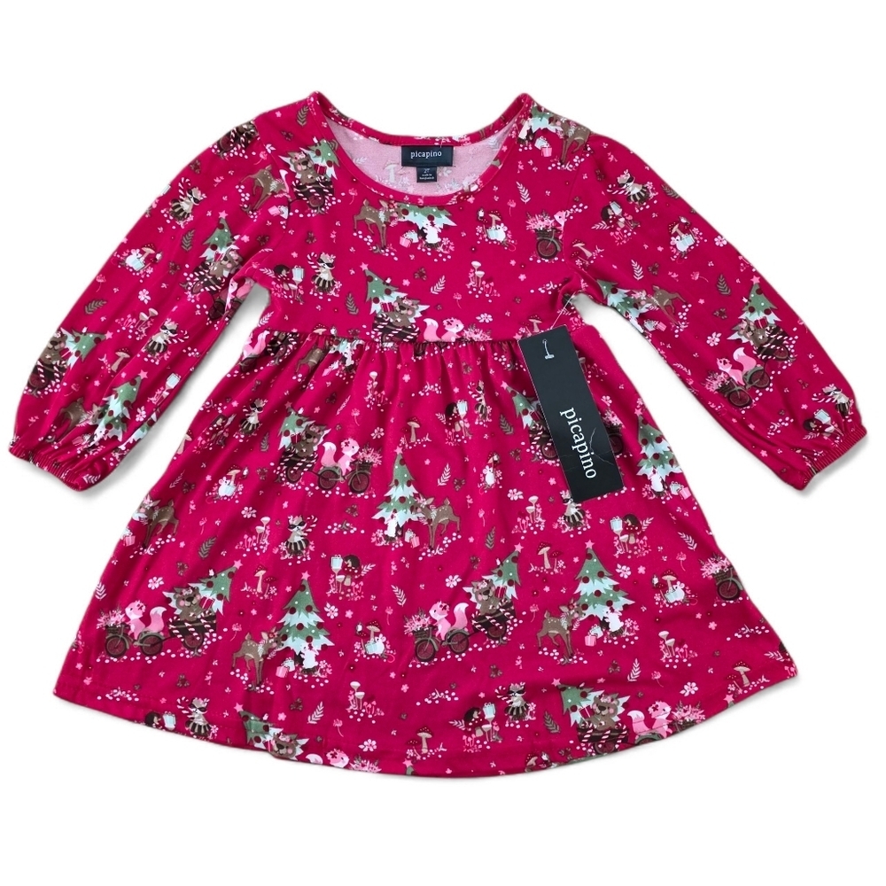 Picapino Girls Christmas Dress Pink Long Sleeve Holiday Print Size 2T NWT